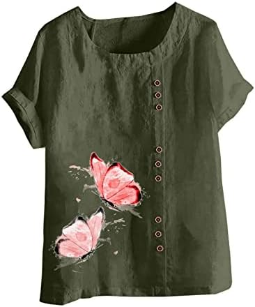 Flores do pescoço redondos femininos Bloups Linen Linen saindo de verão Camisetas de manga curta plus size tops de moda de forma solta