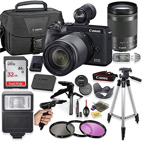Canon EOS M6 Mark II Câmera digital sem espelho EV-DC2 Kit de visor com pacote de lente de 18-150 mm + Deluxe, incluindo cartão Sandisk 32 GB, caixa canônica, flash, tripé de grip, 50 tripé e muito mais.