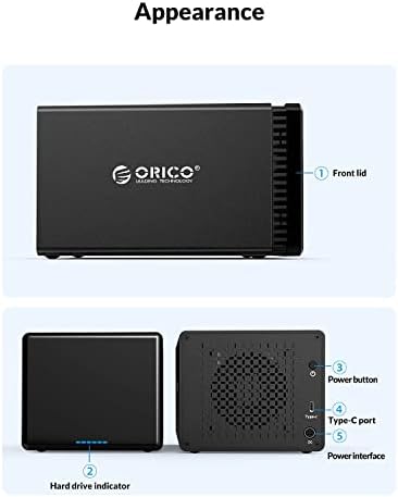 Orico 5 Bay Raid Raid Aluminium Tipo-C 3.5 polegadas para SATA III Gabinete do disco rígido para instalação sem ferramentas HDD SSD SSD SUPORTE RAID 0/1/3/5/10/JBOD/CLONE até 80TB-NS500RC3