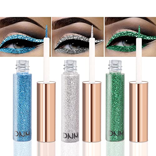 DNM 3pcs Glitter líquido SparkLe Blue Green Silver Eyeliner Makeup líquido Conjunto de maquiagem Delineadores de coloros para ojos, brilho brilhante