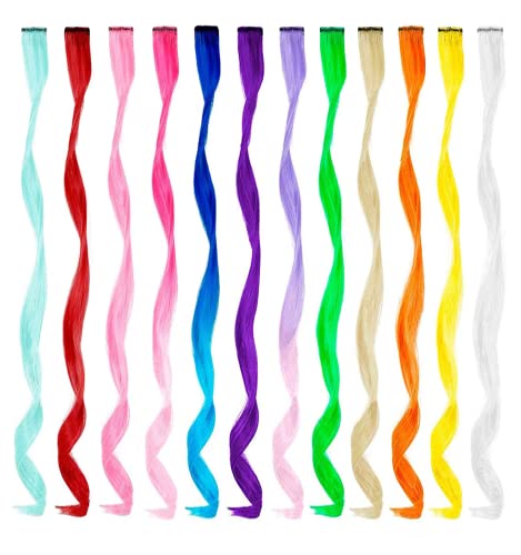 12 PCS Extensões de cabelo encaracoladas coloridas - Clease de 22 polegadas de comprimento de calça ondulada em sequência sintética para mulheres garotas, destaques de festas multicoloridas, arco -íris