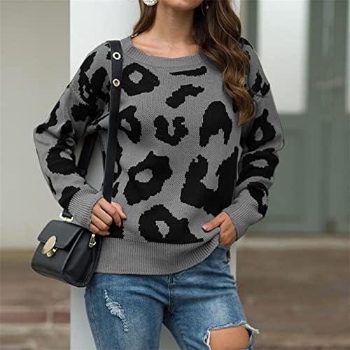 Camiscor de gola alta feminina O-pescoço de leopardo Pullover de manga comprida Sweater Sweater Top Suplover Top Sweatters