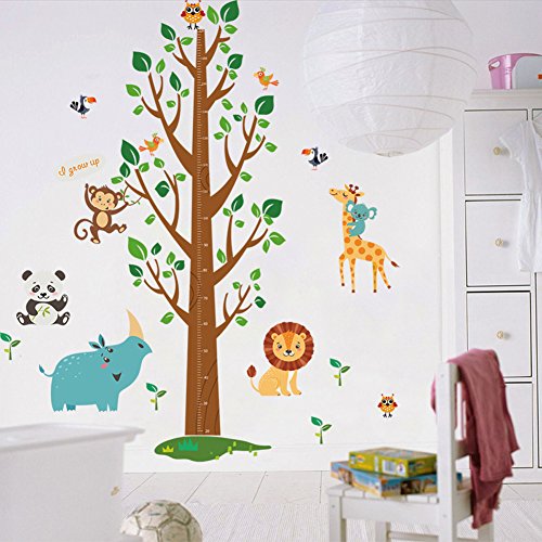 Desenho animado de parede animais fofinhos macacos leão girafa grande adesivo de altura da árvore, gráfico de altura de crescimento medindo decalque de parede removível, crianças crianças berçário de bebê berçário diy arte decorativa mural