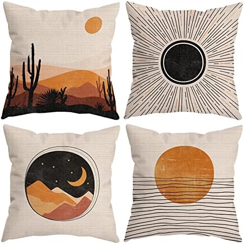 Huyaw boho abstrato solar lua marítima pôr do sol na linha de montanhas covers de travesseiro de montanha, boho presentes da natureza para mulheres, paisagem da natureza, travesseiros de arte modernos, 18 x 18 polegadas de sofá de cama em casa conjunto de 4
