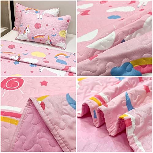 Conjunto de colcha de unicórnio rosa Vivilinen para meninas queen size tamanho de 3 peças para crianças quadrilhas de roupas de cama de quadro de quadra de roupas de cama arco-íris