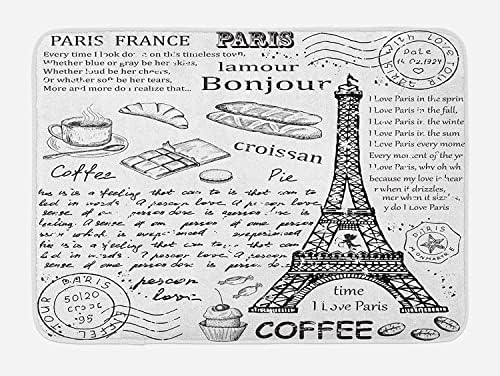 Tapete de banho de paris, tradicional famosos elementos parisienses Bonjour Croissan Coffee Eiffel Tower Print, tapete de decoração de banheiro de pelúcia com apoio não deslizante, 24 x 16, branco preto branco