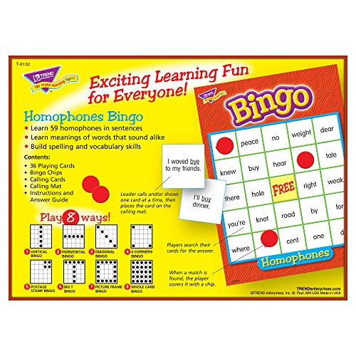 Trend Enterprises: Homophones Bingo Game, maneira emocionante para todos aprenderem, jogarem 8 maneiras diferentes, ótimas para salas de aula e em casa, 2 a 36 jogadores, para idades de 8 anos ou mais