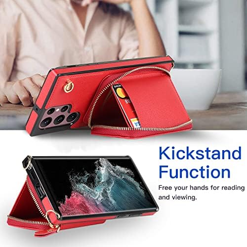 Caixa de carteira de crossbody zorsome para Samsung Galaxy S22 Ultra 5G, capa de telefone da carteira com suporte para cartão, Kickstand, fechamento magnético, bolsa de telefone com zíper, cinta, vermelho