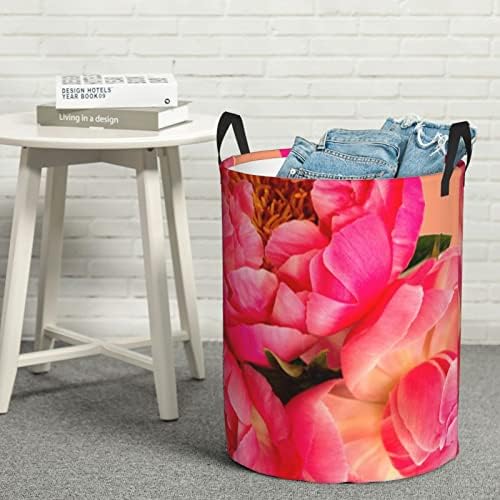 Impressão floral rosa grande cesta de lavanderia com alça cesto de lavanderia de água dobrável para quarto, banheiro médio