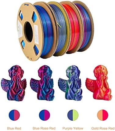 MINDAHAND 4X250G 3D FILamento de impressora dupla cor de seda arco -íris pacote de filamento de ar arco -íris 4 pacote de 4 pacote multicolor filamento de 1,75 mm Magic shiny plá azul vermelho, amarelo roxo, rosa dourada vermelha, azul vermelho azul