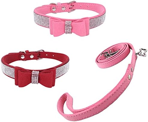 Newtensina 3pcs Fashion Dog Collar e chumbo Set 2pcs Cola de cachorrinho de gravata borboleta com coleira rosa fofa para