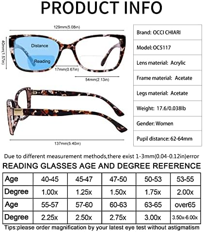 Occi Chiari Bifocal Reading Glasses for Women Fashion Cat Eye Blue Light Readers 1.0 1.5 2.0 2.5 3.0 3.5