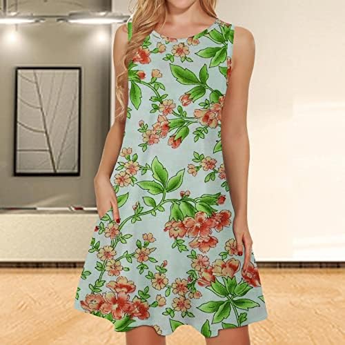 Vestido de verão HCJKDU para mulheres 2023 Redonda de pescoço redondo mini vestidos de estampa floral com bolsos vestidos