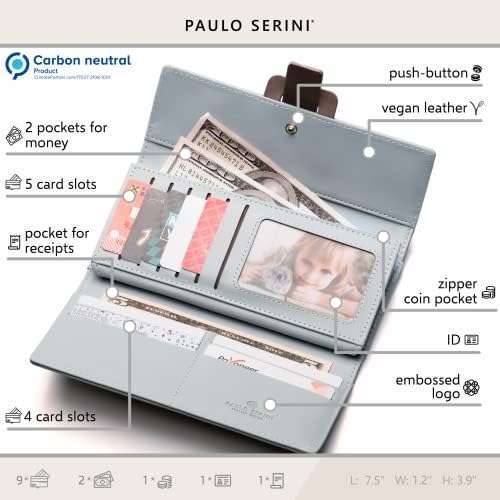 Paulo SERINI® Wallet Women - Carteira para mulheres com bolsa de moedas - titular de cartas 9 cartões - pulseira - carteiras