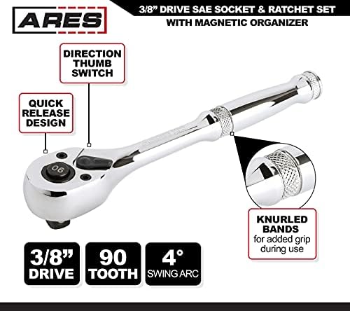 Ares 47007-28 peças soquete SAE de acionamento de 3/8 polegadas e catraca de 90 dentes com organizador magnético-tamanhos de