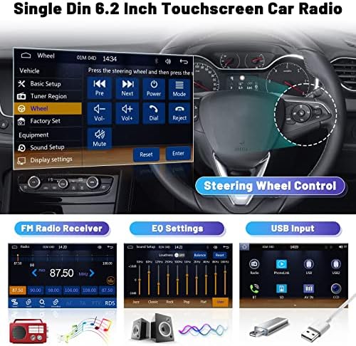 6,2 polegadas de carro de estéreo de carro único Apple CarPlay Android Auto Touchscreen Radio com câmera de backup dupla suporte remoto USB Controle do volante