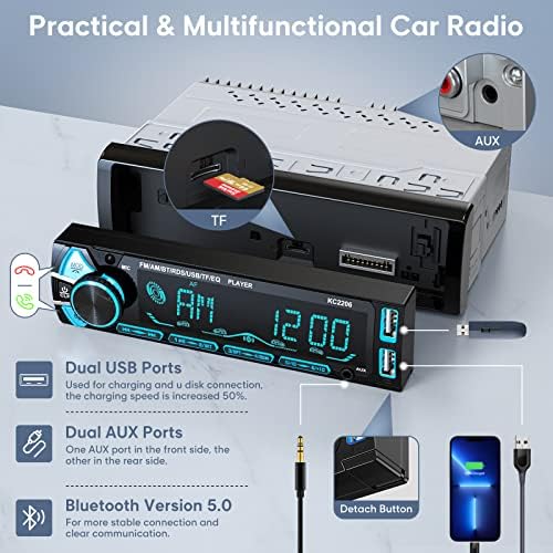 Estéreo de carro, Chamuty Single Din Car Radio Bluetooth Chamadas de mãos livres FM/AM/RBDS Receptor de áudio Bluetooth