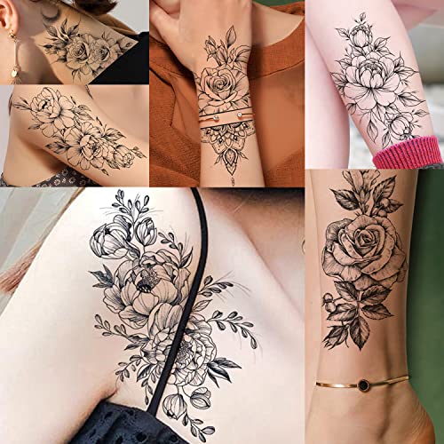 Tatuagem temporária floral GLARYEARS, 48 pacote grande + tamanho pequeno Tattoos de flores realistas, adesivos de tatuagem falsa de design de design de mix para mulheres adultos, tatuagens de corpo duradouro para festa