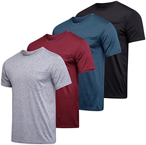 4-PACK: Mens de umidade seca Wicking ativo de desempenho atlético atlético Camisetas de manga curta com bolso