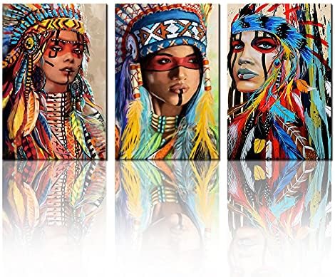 Grande obra de arte moderna para Wall Native American Women Canvas Decoração Indiana Girl Indian Pinturas de penas coloridas 3 painéis de tela Decoração de casa Giclee emoldurado Galeria, pronto para pendurar 60x28 polegadas