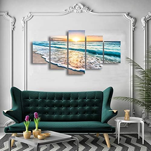 Cao gen decor art-s58839 5 painéis blue praia nascer do sol branco onda branca imagens pintando na arte da parede arte moderna esticada e emoldurada cenas de mar