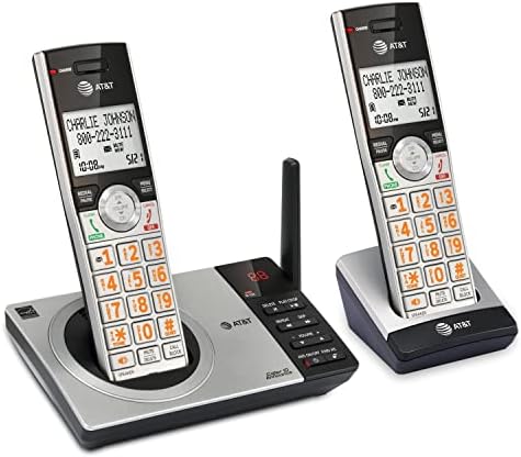 AT&T CL82207 DECT 6.0 Telefone sem fio de 2 mão para casa com a máquina de atendimento, bloqueio de chamadas, locutor de identificação de chamadas, intercomunicador e alcance insuperável, prata