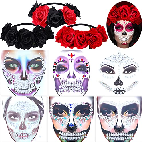 9 PCs Halloween Face Tattoos Gems Jewels Rose Skull BandBand Set Face Jewels Stick em adesivos temporários de strass rosa coroa de flores de lareira