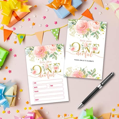 Cartões de convites para festas de 1º aniversário - Tema floral corado ， preencha os convites em branco de festa de aniversário, para