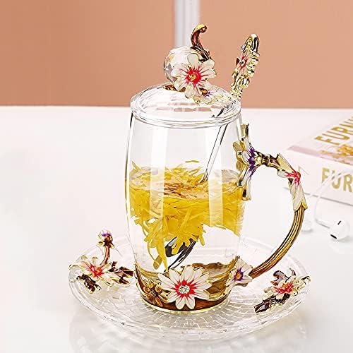 Copo de chá de vidro Caneca de café, copo de flores de artesanato em 3D com montanha -russa e colher de chá, design exclusivo
