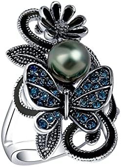Mulheres anéis de noivado marinho azul pérola borboleta simulada anéis de diamante feminino anel de casamento de short ring jóias anéis de casamento