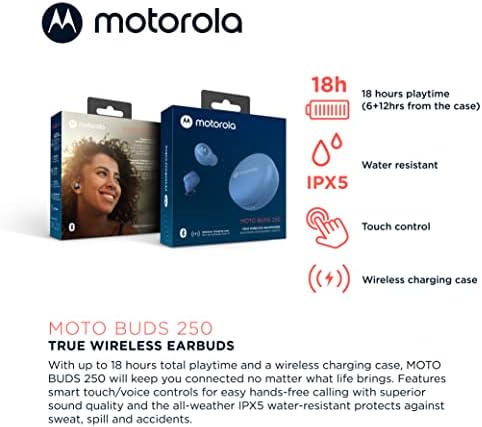 Motorola Moto Buds 250 - True Wireless Bluetooth Earbuds com microfone e caixa de carregamento sem fio - resistente à água IPX5, controle de toque inteligente, conforto leve, som claro, baixo profundo - azul