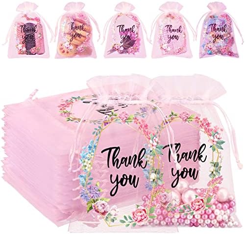 200 PCs Obrigado Bags Sacos de Organza Sheer Design Floral de 4x6 polegadas Agradecemos Bolsas de Jóias de Jóias Apresentes de Bacha