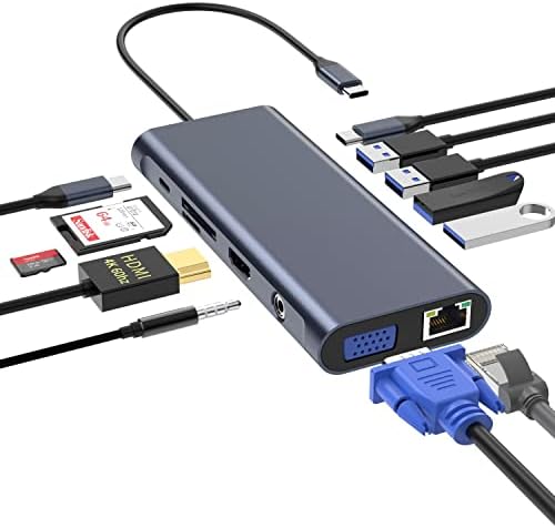 Hub da estação de docking USB C com 4K 60Hz HDMI, Ethernet, VGA, Audio, USB3.0 TF/SD Dongle Dongle Station Compatible
