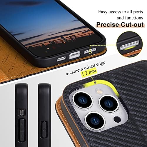 Caixa Visoul para iPhone 14 Pro Max Wallet Case, caixa de couro de fibra de carbono magnético com suporte para homens e mulheres,