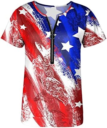 Jinf Independence Day Tops-For Women Fashion Pure Color Stripe Zipper Tops-Blouse Mangas curtas Blusa casual camisetas
