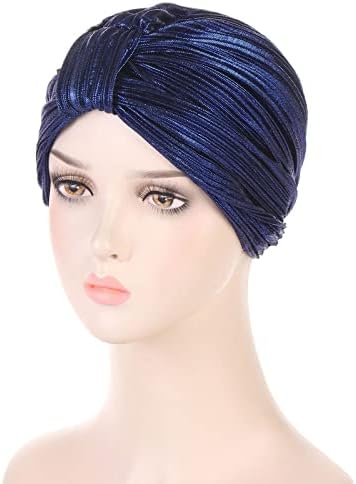 Turbano plissado para mulheres elásticas Shinny Muslim Skull Caps Ruffle Cancer Headwears Hat para mulheres leves