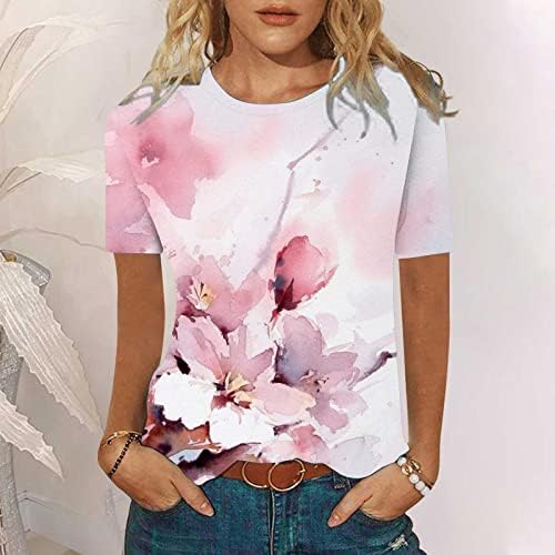Top camiseta para senhoras outono verão 2023 Manga curta Pintura de tinta de algodão de algodão camisa gráfica floral vs