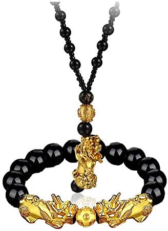 2 PCs Feng Shui Pi Xiu Pi Yao Colar de pulseira Definir jóias de riqueza de obsidiana preta para homens Mulheres dragão