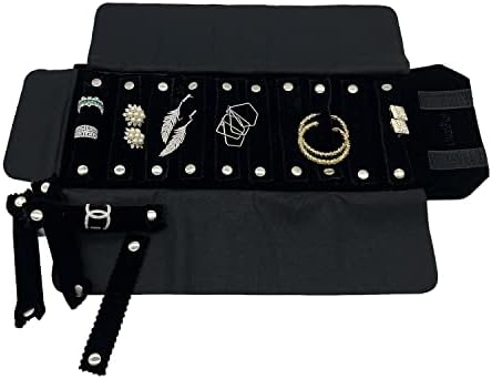 UnionPlus Small Velvet Travel Jewelry Case Roll Bag Organizer para brincos, 4 anéis extras, preto