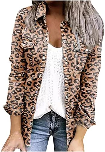 Fzylqy feminino leopardo jeans jacket botão de manga longa camisetas jaquetas casuais blusas de blusa de outono