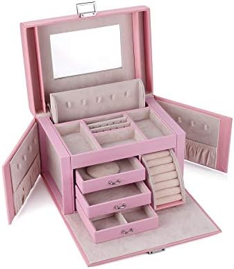 Mesinya Pink Caso de armazenamento de organizadores de caixas de jóias ambientalmente amigáveis ​​com espelho para meninas e mulheres