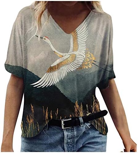 Tops for Women Casual Flower impresso Tees gráficos v pescoço de manga curta Túnica solta Camiseta de camiseta de
