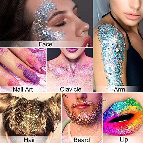 Lantejoulas de sereia Gel com brilho, glitter holográfico robusto para rosto, clavícula, cabelo, braço, prego, sombra, sombra à prova d'água maquiagem corporal para o festival Party, 1.4oz