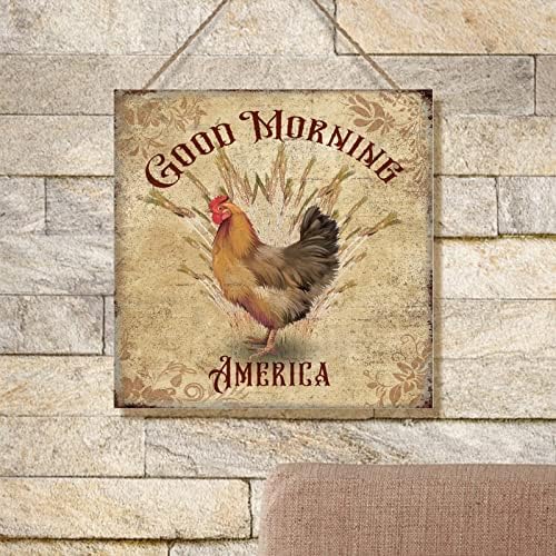 Farmhouse Rooster Good Morning America pendurando sinal chique rústico galinheiro decoração de fazenda galo de madeira