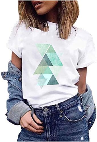 Tops da moda de verão para mulheres, camisa engraçada de estampa geométrica casual de pescoço redondo solto de manga curta camisetas