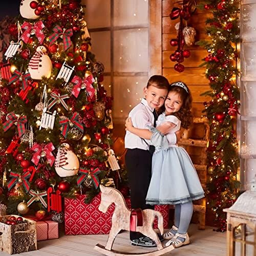 Tarklanda 40 PCs Riba de fita de arco de Natal para a árvore de Natal, Red Green Buffalo Plaid Bow Christmas Snowflake Bells para Chas Wreath Wreaths Presentes