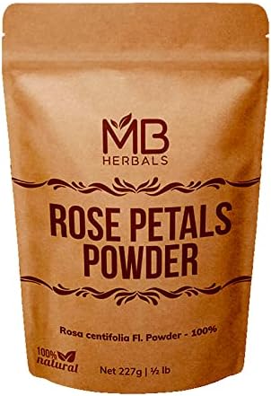 MB Herbals Rose Powder 8 oz | 227g / 0,5 lb | Para pacotes de rosto natural e formulações de máscara facial | puro e natural | Sem conservante químico | Sem cor artificial | Pétalas de rosa em pó
