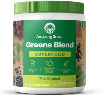 Amazing Grass Greens Blend Superfood: Super Greens Powder Smoothie Misture com Spirulina Organic, Chlorella, Pó de Raiz de Beterraba, Enzimas Digestivas e Probióticos, Original, 30 porções