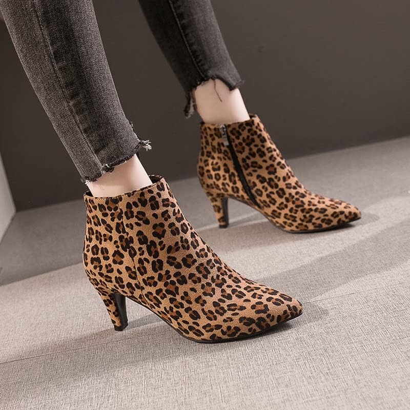 Botas para mulheres leopardo de leopardo de leopardo booties de tornozelo de tornozelo steletto apontado com zíper do lado médio bota de bezerro