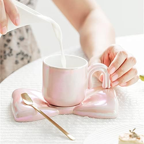 Cup de café e pires de esmalte de pérola, 7,1 onças de caneca de café cerâmica de 7,1 onças copo criativo de bowknot para escritório leite de chá de café com café com café com leite